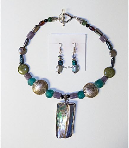 S31 - Abalone and recycled African glass beads necklace and earring set