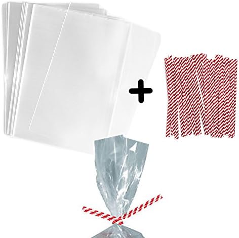 100 3x4" Clear Food Safe Favor Treat Bags and 100 4" Paper Twist Ties - 1.5mils Thickness- PP Plastic Stronger than Cello Party Bags Gift Basket Supplies ... (100, Candy Striped)