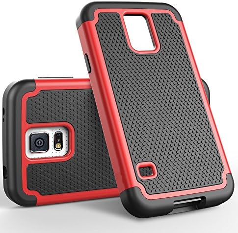 Galaxy S5 Case, Hongqing Shop 2 in 1 Drop Protection Heavy Duty Design Hybrid Hard PC with Soft Rubber Regular Hexagon Textured Shield Combine Black Silicone Inner Bumper Combo Cover Case (Red/Black)