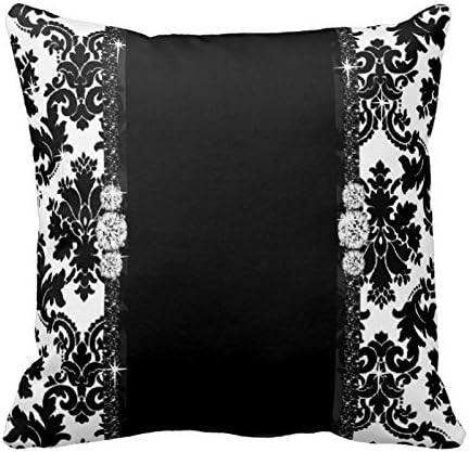 Lady Home Bling, Damask, Black And White/Diamond Accent Pillowcase Cover 18 x 18