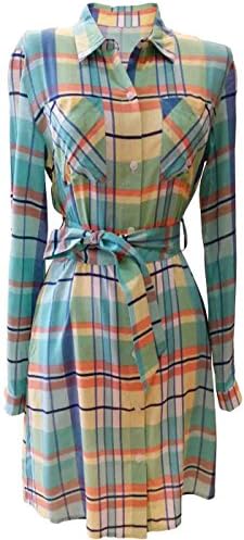 Orange Caramel Womens Long Sleeve Waist-Tie Plaid Dress Small Aqua