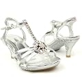 Girl's Dressy Flower T-Strap Rhinestone High Heel Sandals Silver 9-4