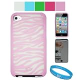 Premium Zebra Design Protective Soft Silicone Skin Cover for Apple iPod Touch 4th Generation (8GB 16GB 32GB) iPod Touch 4 Latest Gen + Mirror Screen Protector + SumacLife TM Wisdom Courage Wristband, Baby Pink Zebra