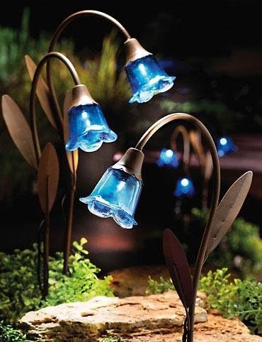Set of 3 - Blue Bell Solar Stake Lights with Copper Finish Stems