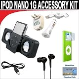 8 pc. Accessory kit for iPod Nano 1g. Includes Black portable stereo speaker w/cable 3-in-1 iPod charging kit (1000mAH) Black Mini soft Earbuds Reusable Pre-Cut Screen Protector and a DBROTH Microfiber Cleaning Cloth