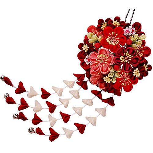 つまみ細工 髪飾り かんざし　赤 レッド[ 成人式 振袖 卒業式 袴 着物 和装 簪]