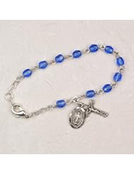 Sterling Silver 5 1/2" L Blue Sapphire Baby Bracelet, Infant Jewlery, Girls Rosary Bracelet, September Birthstone with Crucifix Cross & Miraculous (St. Mary) Charms