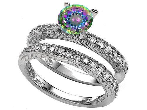 2.05 cttw Sterling Silver 14K White Gold Plated Genuine Round Mystic Topaz Wedding Set - Gold Plated Silver