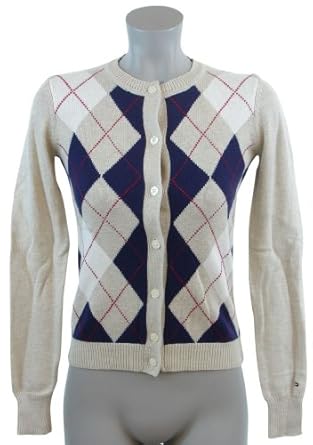 Tommy Hilfiger Womens Argyle Cardigan Sweater - XS - Beige/White/Navy at Amazon Womenâs Clothing 