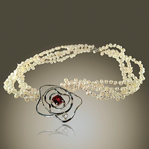 Pearl and Silver Necklace - Sterling Silver Pendant with Ruby &amp; Cubic Zirconia and Gorgeous Strands of Pearls Necklace- Ruby Necklace