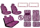 New Premium Style Pink Zebra 17pc Low Back Front Seat Covers with Head Rest, Bench Seat Cover with Head Rest, Steering Wheel Cover with Shoulder Pads, 4pc Front and Back Floor Mats & 2 License Plate Frames