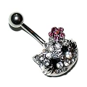 Pierced & Modified Body Jewellery Navel Bars Crystal Kitty Face Belly Bar
