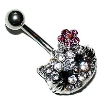 Pierced & Modified  Body Jewellery Navel Bars  Crystal Kitty Face Belly Bar