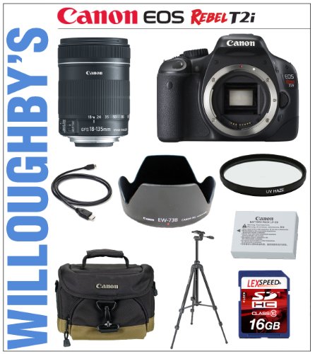 Canon EOS Rebel T2i 18 MP CMOS APS-C Digital SLR Camera with Canon EF-S 18-135mm f/3.5-5.6 IS Lens + Canon EW-73B Lens Hood + Canon LPE8 Spare Battery + 67mm Essential Pro DHD UV Filter + LEXSpeed 32GB SDHC Class 10 Memory Card + Sunpak 6600DX Digital Tripod + Canon Deluxe Gadget Bag &amp; Much More! Willoughby's Est. 1898 Photographic Specialty Bundle