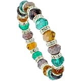7 in. Multi Color Faceted Glass Crystal Bracelet on Elastic Nylon Strand ( Emerald, Citrine & Amethyst Color ), 3/8 in. (10mm) wide