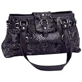 Stylish Black Genuine Leather Handbag with Snakeskin Embossing