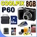 Nikon Coolpix P60 8.1MP 5x Optical Zoom Digital Camera 25593 Black 8GB SDHC Memory Card BigVALUEInc Accessory Saver Bundle + MORE