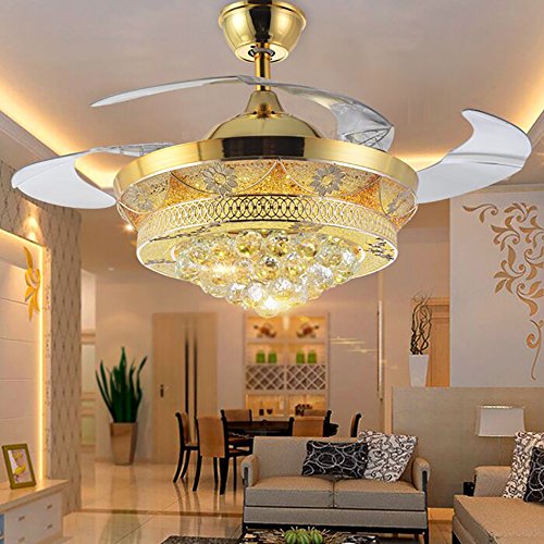 COLORLED Modern Crystal Gold Ceiling Fan Light Kit for Living Room Bedroom Telescopic Fan Chandeliers Lighting Fixture (Gold)