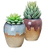 Set of 2 Tan, Red, & Blue Small Rustic Style Ceramic Plant Flower Container Planter Box Pots - MyGift®