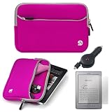 Pink with Gray Trim Slim Protective Soft Neoprene Cover Carrying Case Sleeve with Extra Pocket // Fits Anywhere// for Amazon Kindle Touch (Wi-Fi, 6 E ink Display) + Retractable Car Charger + EBigValue 4 Determination Hand Strap
