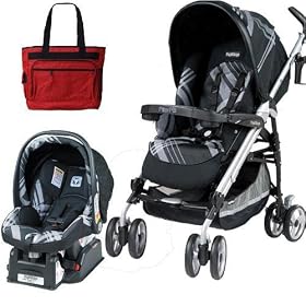 Peg Perego 2010 Pliko P3 Travel System in Gala Black with Free Fashionable Diaper Bag