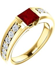 14K Yellow Gold 5.00x5.00mm Princess Cut Chatham Created Ruby and Diamond Ring -- LIFETIME WARRANTY