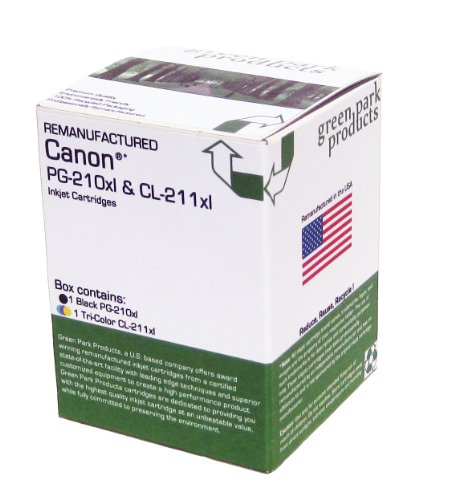 Canon PG-210xl &amp; CL-211xl Premium Remanufactured Ink Cartridges by Green Park Products. The box contains 1 Canon PG-210xl Black and 1 Canon CL-211xl Tri-Color inkjet Cartridges. For use with: Canon PIXMA ip2702, mp240, mp250, mp270, mp280, mp480, mp490, mp495, mx320, mx330, mx340, mx350, mx360, mx410, mx420.
