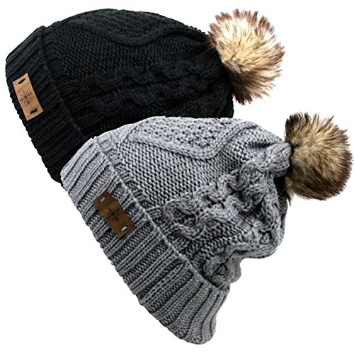 Women s faux fur pom pom fleece lined knitted slouchy b…