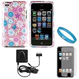 Pink Flower Garden Design Protective 2 Piece Crystal Case Cover for Apple iPod Touch 4th Generation (8GB, 16GB, 32GB, 64GB) + Clear Screen Protector for iPod Touch 4th Generation LCD Display Screen + Apple Licensed Cellet Home Charger With Folding Blade For Apple iPhones, iPod Touch, Nano + SumacLife TM Wisdom Courage Wristband