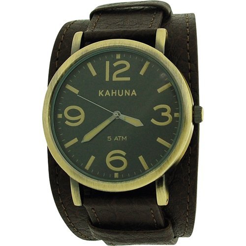 Montre Kahuna Homme Cadran Noir Analogique et Bracelet Large en Cuir Marron