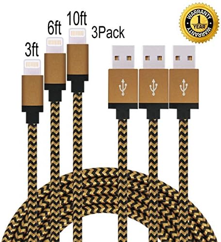 Dufferni 3pcs 3FT 6FT 10FT Lightning Cable Premium Popular Nylon Braided Charging Cable Extra Long USB Cord for iphone 6s, 6s plus, 6plus, 6,5s 5c 5,iPad Mini, Air,iPad5,iPod (Coffee with Black)