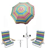 Rio Brands 6ft Multi Colored Deluxe Beach Umbrella with Mini Umbrella Table and a Set of 2 5 Positions to Lay Flat Beach Chairs and a BONUS Sand Anchor