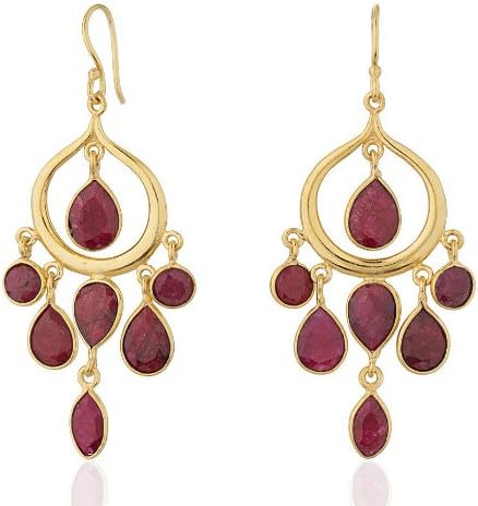 18K Yellow Gold Plated, Cascading Pear Shape Red Ruby Long Dangle Earrings, Gemstone Jewelry