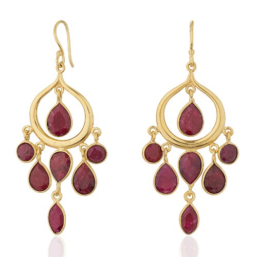18K Yellow Gold Plated, Cascading Pear Shape Red Ruby Long Dangle Earrings, Gemstone Jewelry