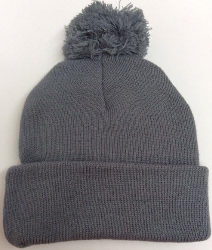 Cuffed Grey Pom Beanie Solid Blank Plain