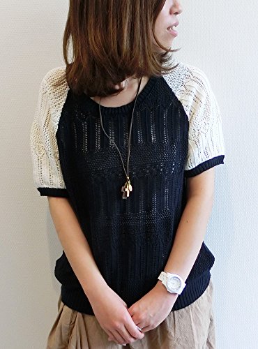 (Goldjapan)ゴールドジャパン 大きいサイズ レディース サマーニット カラー ブロック トップス Uネック Tシャツ カットソー 半袖 透かし編み 透けニット ゆったり 体型カバー l1-43931