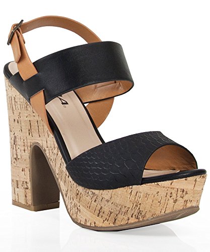 Soda Joyful Vegan Strappy Multi Color Cork Platform Pumps BLACK (6)