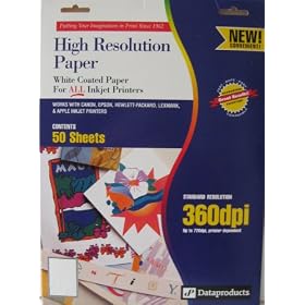 Data Products 50 Sheets White Coated High Resolution Paper Standard Resolution 3600dpi - Works with Canon - Epson - Hewlett Pakard - Lexmark - Apple Inkjet Printers - Works on ALL Inkjet Printers