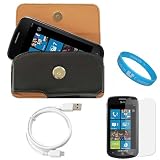 Executive Leather Protective Pouch Case with Removable Adjustable Belt Clip for Samsung Focus Samsung i917 Windows Mobile Phone + Clear Screen Protector + Micro USB Data Cable + SumacLife TM Wisdom Courage Wristband