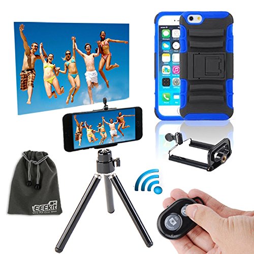 EEEKit 5-in-1 Kit for Apple iPhone 6 Plus 5.5" inch,Protective Hybird Bumps Prevent Belt Clip Holster Kick Stand Hard Cover Case + Aluminium Tripod Stand Mount Holder + Adjustable Smartphone Adapter Phone Holder + Wireless Bluetooth Remote Camera Shutter Release Control + EEEKit Accessory Storage Pouch(Blue)