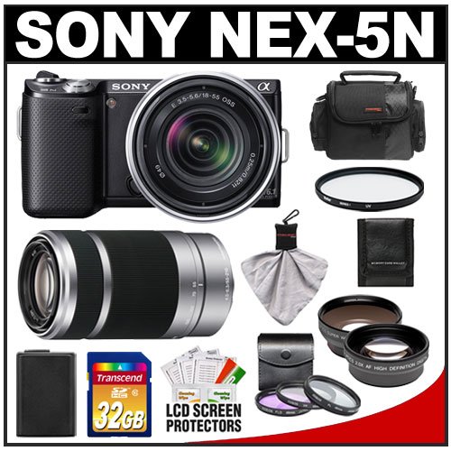 Sony Alpha NEX-5N Digital Camera Body & E 18-55mm OSS Lens (Black) with E 55-210mm Lens + 32GB Card + Battery + 4 Filters + Telephoto & Wide-Angle Lenses + Case + Accessory Kit