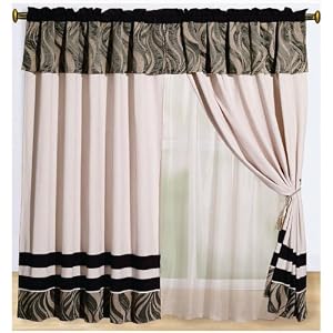 A Pair of Black Chenille Valance Windows Curtain Drapes Panels with Sheer Lining Set