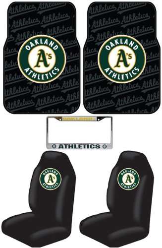 MLB Oakland Athletics 5 PC Auto Accessories Combo Kit - Carpet Rubber Floor Mats, Seat Covers and Chrome License Plate Frame
