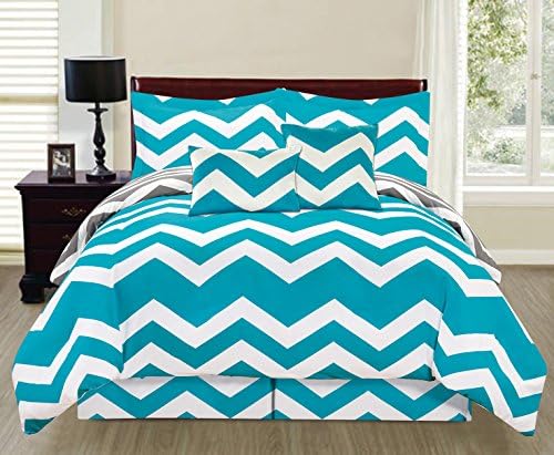 6 Piece Chevron Printed Reversible Comforter Set Over Sized - Full Size - Turquoise