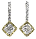 18k White Gold Cushion Cut Diamond Earrings (GIA Certified 2.24 cttw, H Color, SI2 Clarity and 0.13 cttw Fancy Yellow Diamonds)
