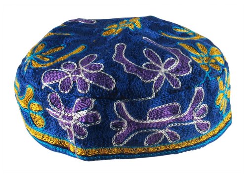 Blue Bucharian Hand Embroidered Kippah - 56cm / 22