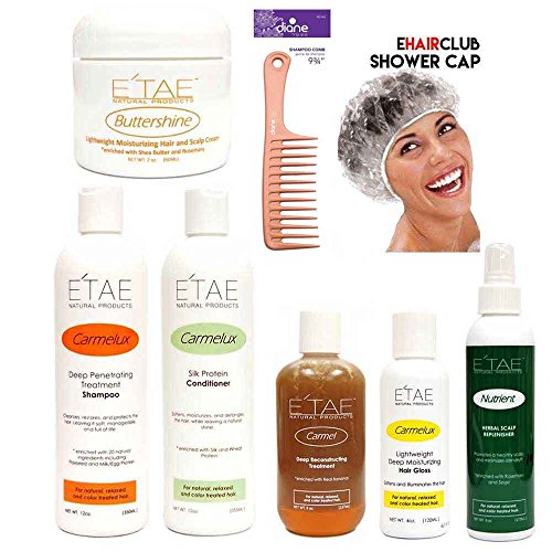 Etae Shampoo, Conditioner, Gloss, E'tae Carmel Treatment, Nutrient, Buttershine Kit (6 items) with Cap and Comb