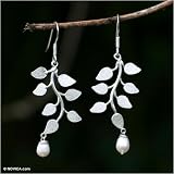 Sterling Silver and Pearl Drop Earrings, 'White Forest' 0.8 W 2.1 L