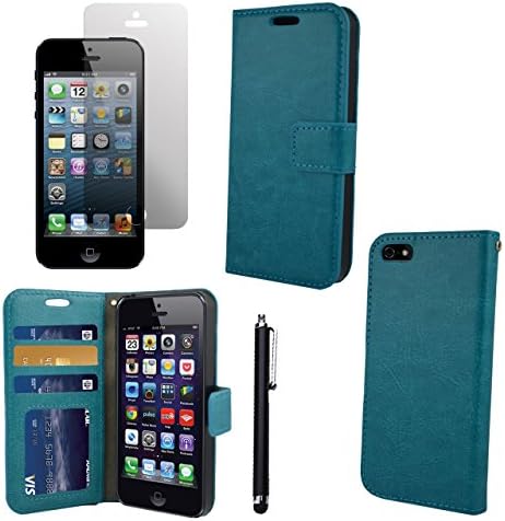 HAIO Apple Iphone 5, 5G, 5S Case Wallet Leather Flip Cover Magnet For Apple Iphone 5, 5G, 5S [Case Cover + Screen Protector + Stylus Pen] - BLUE