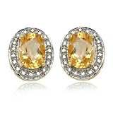 18k Yellow Gold Overlay Sterling Silver Citrine 8x6mm & Diamond Earrings